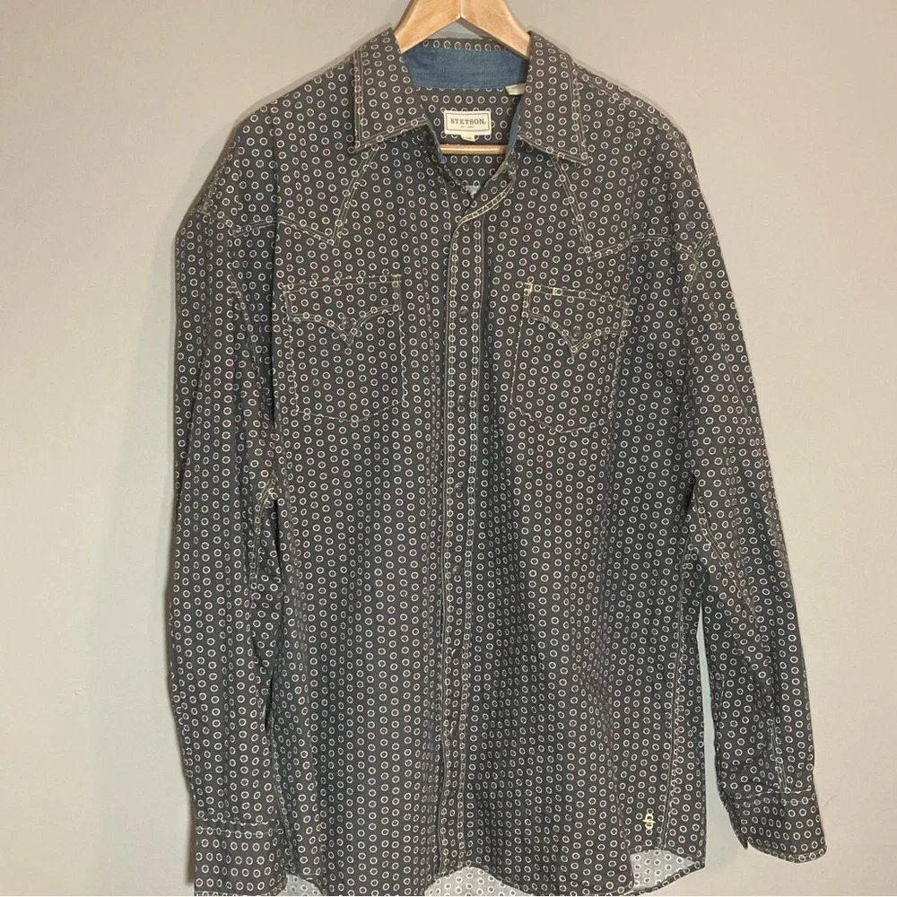 Stetson Men's Western Long Sleeve Button-Up Shirt Snaps Logo Geo 2XL - Picture 1 of 11